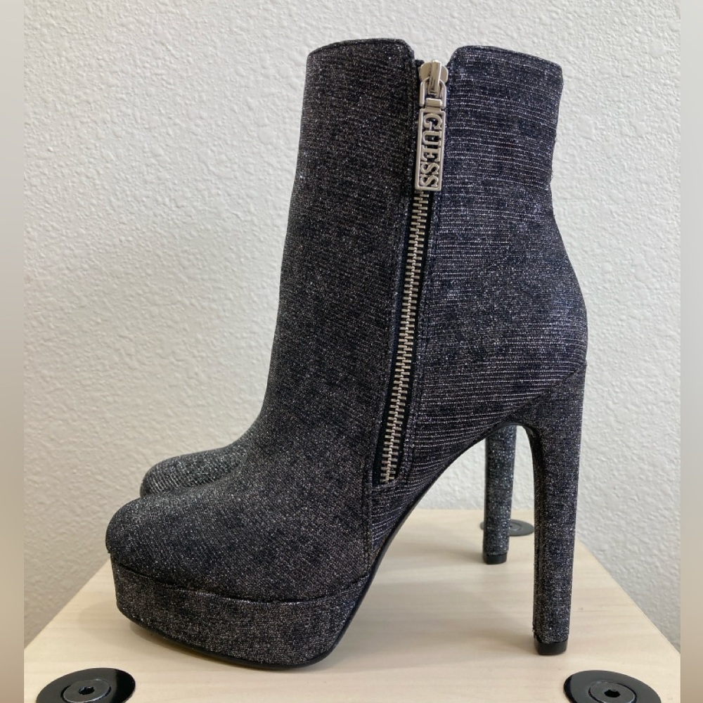 Guess Dejah Glitter Finish Charcoal Grey Platform Booties with Side Zip Size 6 - Picture 4 of 10